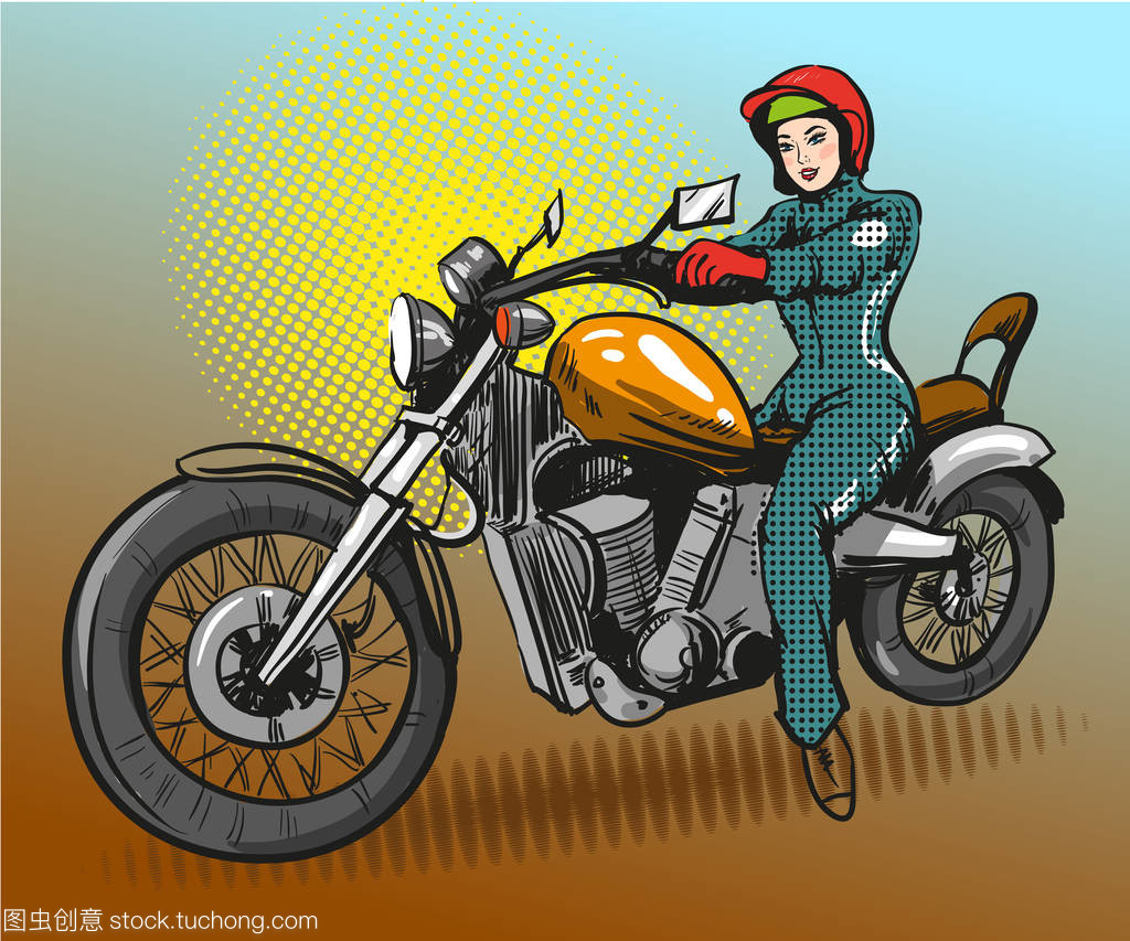 女人坐在摩托车上矢量波普艺术插画